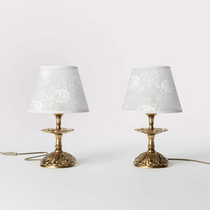 Classic brass table lamp with embroidered white shade decorated base floral motifs traditional style - Finish: OBS Bronze Satin Brass