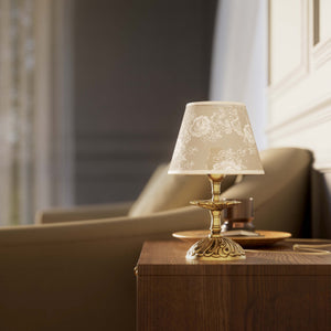 Classic brass table lamp with embroidered white shade decorated base floral motifs traditional style - Finish: OBS Bronze Satin Brass