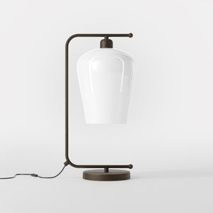 Table lamp with brass arm and white glass shade, elegant design for sophisticated interiors by Ghidini 1849 - Finish: OBM Bronze Satin Matt Brass