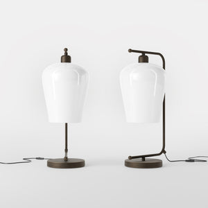 Table lamp with brass arm and white glass shade, elegant design for sophisticated interiors by Ghidini 1849 - Finish: OBM Bronze Satin Matt Brass