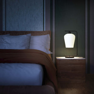 Table lamp with brass arm and white glass shade, elegant design for sophisticated interiors by Ghidini 1849 - Finish: OBM Bronze Satin Matt Brass