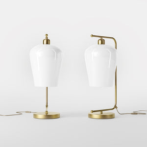 Table lamp with brass arm and white glass shade, elegant design for sophisticated interiors by Ghidini 1849 - Finish: OBV Bronze Satin Light Brass