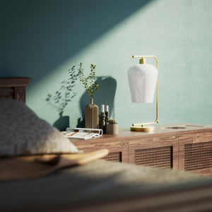 Table lamp with brass arm and white glass shade, elegant design for sophisticated interiors by Ghidini 1849 - Finish: OBV Bronze Satin Light Brass