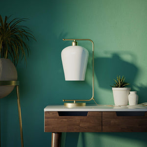 Table lamp with brass arm and white glass shade, elegant design for sophisticated interiors by Ghidini 1849 - Finish: OBV Bronze Satin Light Brass