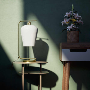 Table lamp with brass arm and white glass shade, elegant design for sophisticated interiors by Ghidini 1849 - Finish: OLV Polished Brass