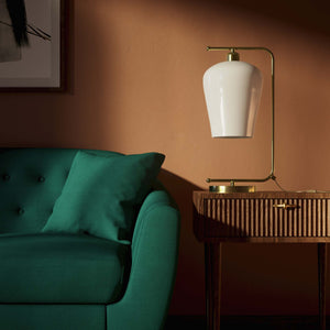 Table lamp with brass arm and white glass shade, elegant design for sophisticated interiors by Ghidini 1849 - Finish: OLV Polished Brass