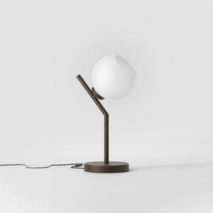 Brass table lamp with opal glass globe, inclined geometric design, ideal for modern and refined interiors by Ghidini 1849 - Finish: OBM Bronze Satin Matt Brass