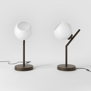 Brass table lamp with opal glass globe, inclined geometric design, ideal for modern and refined interiors by Ghidini 1849 - Finish: OBM Bronze Satin Matt Brass