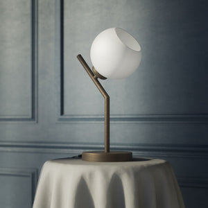 Brass table lamp with opal glass globe, inclined geometric design, ideal for modern and refined interiors by Ghidini 1849 - Finish: OBM Bronze Satin Matt Brass