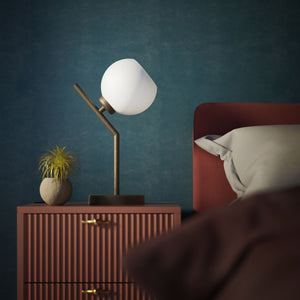 Brass table lamp with opal glass globe, inclined geometric design, ideal for modern and refined interiors by Ghidini 1849 - Finish: OBM Bronze Satin Matt Brass