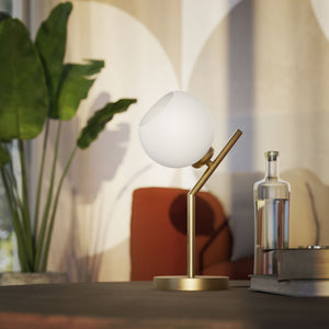 Brass table lamp with opal glass globe, inclined geometric design, ideal for modern and refined interiors by Ghidini 1849 - Finish: OBV Bronze Satin Light Brass