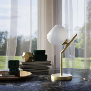 Brass table lamp with opal glass globe, inclined geometric design, ideal for modern and refined interiors by Ghidini 1849 - Finish: OBV Bronze Satin Light Brass