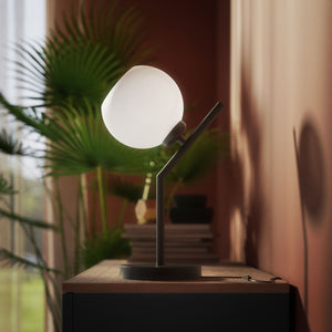 Brass table lamp with opal glass globe, inclined geometric design, ideal for modern and refined interiors by Ghidini 1849 - Finish: ONO Matt Black