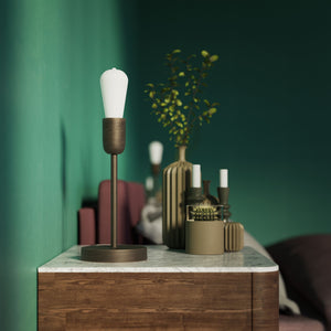 Modern brass table lamp with stem, minimalist and elegant design, ideal for desks, bedside tables, and consoles by Ghidini 1849 - Finish: OBM Bronze Satin Matt Brass