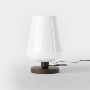 Brass table lamp with white glass shade, refined design for sophisticated interiors by Ghidini 1849 - Finish: OBM Bronze Satin Matt Brass