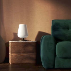 Brass table lamp with white glass shade, refined design for sophisticated interiors by Ghidini 1849 - Finish: OBM Bronze Satin Matt Brass