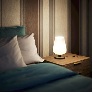 Brass table lamp with white glass shade, refined design for sophisticated interiors by Ghidini 1849 - Finish: OBM Bronze Satin Matt Brass