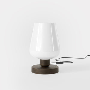 Compact brass table lamp with white glass shade, elegant design for sophisticated interiors by Ghidini 1849 - Finish: OBM Bronze Satin Matt Brass