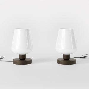 Compact brass table lamp with white glass shade, elegant design for sophisticated interiors by Ghidini 1849 - Finish: OBM Bronze Satin Matt Brass