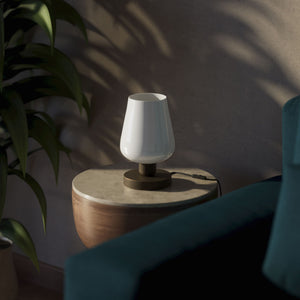 Compact brass table lamp with white glass shade, elegant design for sophisticated interiors by Ghidini 1849 - Finish: OBM Bronze Satin Matt Brass