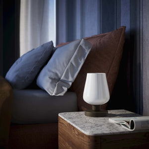 Compact brass table lamp with white glass shade, elegant design for sophisticated interiors by Ghidini 1849 - Finish: OBM Bronze Satin Matt Brass