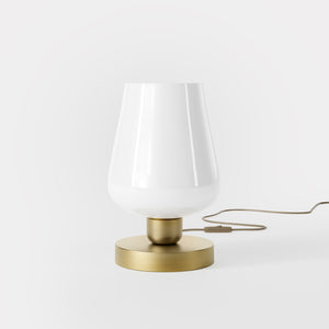 Compact brass table lamp with white glass shade, elegant design for sophisticated interiors by Ghidini 1849 - Finish: OBV Bronze Satin Light Brass