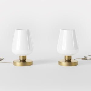 Compact brass table lamp with white glass shade, elegant design for sophisticated interiors by Ghidini 1849 - Finish: OBV Bronze Satin Light Brass