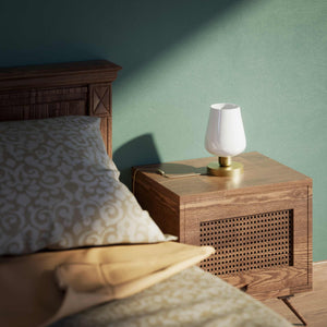 Compact brass table lamp with white glass shade, elegant design for sophisticated interiors by Ghidini 1849 - Finish: OBV Bronze Satin Light Brass