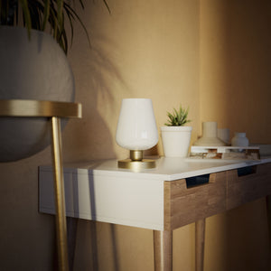 Compact brass table lamp with white glass shade, elegant design for sophisticated interiors by Ghidini 1849 - Finish: OBV Bronze Satin Light Brass