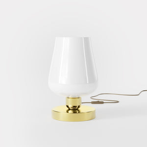 Compact brass table lamp with white glass shade, elegant design for sophisticated interiors by Ghidini 1849 - Finish: OLV Polished Brass