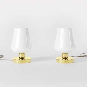 Compact brass table lamp with white glass shade, elegant design for sophisticated interiors by Ghidini 1849 - Finish: OLV Polished Brass