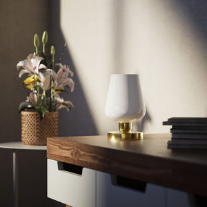 Compact brass table lamp with white glass shade, elegant design for sophisticated interiors by Ghidini 1849 - Finish: OLV Polished Brass