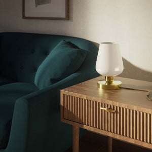 Compact brass table lamp with white glass shade, elegant design for sophisticated interiors by Ghidini 1849 - Finish: OLV Polished Brass