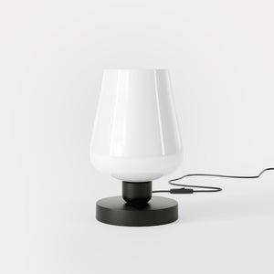 Compact brass table lamp with white glass shade, elegant design for sophisticated interiors by Ghidini 1849 - Finish: ONO Matt Black