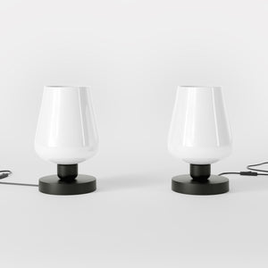Compact brass table lamp with white glass shade, elegant design for sophisticated interiors by Ghidini 1849 - Finish: ONO Matt Black