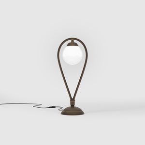 Art Deco table lamp in brass with glossy white glass sphere teardrop structure round base elegant design lighting decor by Ghidini 1849 - Finish: OBM Bronze Satin Matt Brass