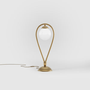 Art Deco table lamp in brass with glossy white glass sphere teardrop structure round base elegant design lighting decor by Ghidini 1849 - Finish: OBS Bronze Satin Brass