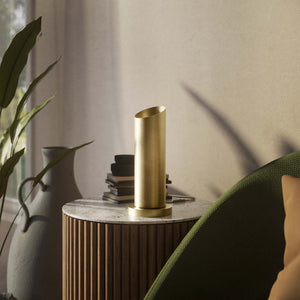 Brass table lamp with a sleek cylindrical shape and circular base, ideal for contemporary and elegant interiors by Ghidini 1849 - Finish: OBV Bronze Satin Light Brass