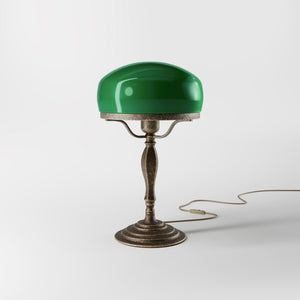 Vintage mushroom lamp in brass with green glass shade, elegant and timeless design by Ghidini 1849 - Finish: OAS Antique Brass