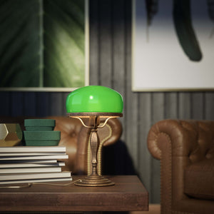 Vintage mushroom lamp in brass with green glass shade, elegant and timeless design by Ghidini 1849 - Finish: OAS Antique Brass