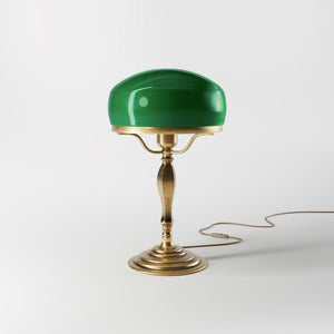 Vintage mushroom lamp in brass with green glass shade, elegant and timeless design by Ghidini 1849 - Finish: OBS Bronze Satin Brass