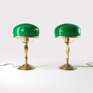 Vintage mushroom lamp in brass with green glass shade, elegant and timeless design by Ghidini 1849 - Finish: OBS Bronze Satin Brass