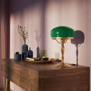 Vintage mushroom lamp in brass with green glass shade, elegant and timeless design by Ghidini 1849 - Finish: OBS Bronze Satin Brass
