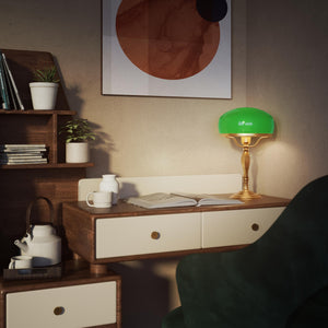 Vintage mushroom lamp in brass with green glass shade, elegant and timeless design by Ghidini 1849 - Finish: OBS Bronze Satin Brass