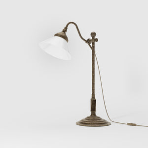 Brass desk lamp with white glass shade adjustable arm classic library style decorated base handcrafted Italian design by Ghidini 1849 - Finish: OAS Antique Brass