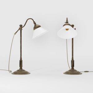 Brass desk lamp with white glass shade adjustable arm classic library style decorated base handcrafted Italian design by Ghidini 1849 - Finish: OAS Antique Brass