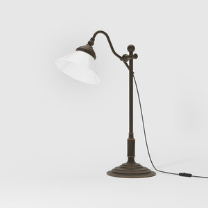 Brass desk lamp with white glass shade adjustable arm classic library style decorated base handcrafted Italian design by Ghidini 1849 - Finish: OBM Bronze Satin Matt Brass