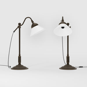 Brass desk lamp with white glass shade adjustable arm classic library style decorated base handcrafted Italian design by Ghidini 1849 - Finish: OBM Bronze Satin Matt Brass