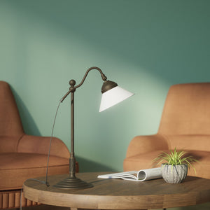 Brass desk lamp with white glass shade adjustable arm classic library style decorated base handcrafted Italian design by Ghidini 1849 - Finish: OBM Bronze Satin Matt Brass