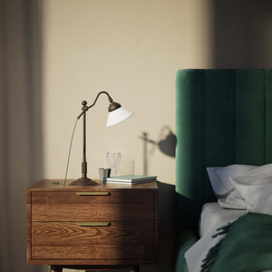 Brass desk lamp with white glass shade adjustable arm classic library style decorated base handcrafted Italian design by Ghidini 1849 - Finish: OBM Bronze Satin Matt Brass